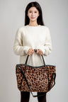 Leopard Pattern Faux Fur Tote Bag W/ Zipper Closure