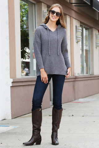 COMFYLUXE Cozy Elegance Ribbed Hooded Sweater W/ Drawstring
