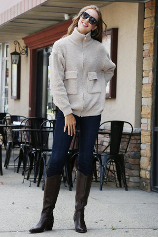 COMFYLUXE Elevated Comfort Ribbed Sweater W/ Pockets Zipper Closure
