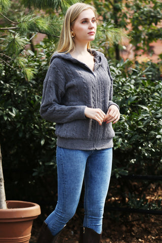 COMFYLUXE Plush Luxury Ribbed Hooded Sweater W/ Pockets Zipper Closure