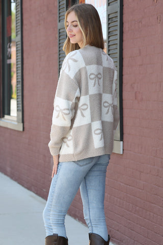 Ribbon & Checkered Pattern Luxury Soft Crew Neck Sweater