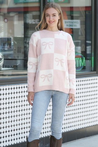 Ribbon & Checkered Pattern Luxury Soft Crew Neck Sweater