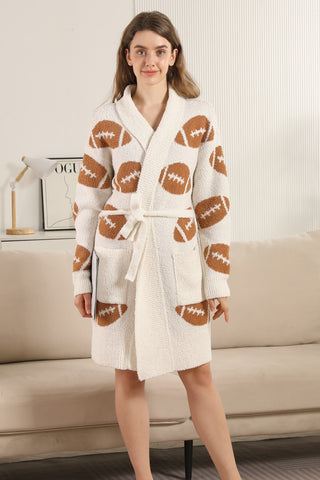 Football Pattern Luxury Soft Robe W/ Front Pockets & Belt