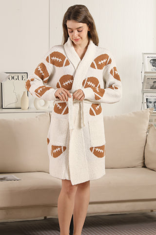 Football Pattern Luxury Soft Robe W/ Front Pockets & Belt