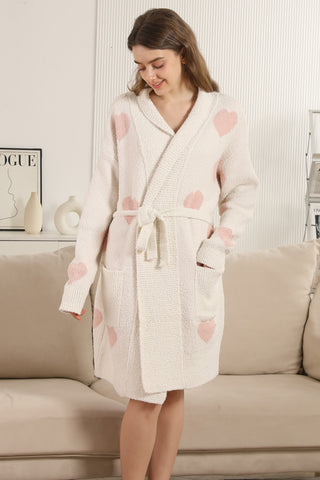 Heart Pattern Luxury Soft Robe W/ Front Pockets & Belt