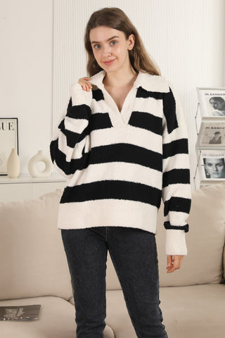 Striped Pattern Luxury Soft Collared Sweater