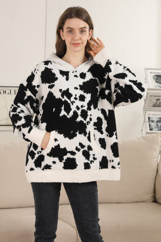 Cow Pattern Luxury Soft Hooded Sweater W/ Front Pocket