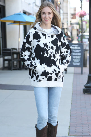 Cow Pattern Luxury Soft Hooded Sweater W/ Front Pocket