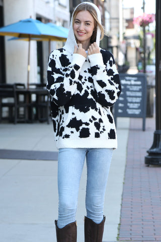Cow Pattern Luxury Soft Hooded Sweater W/ Front Pocket