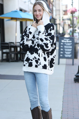Cow Pattern Luxury Soft Hooded Sweater W/ Front Pocket