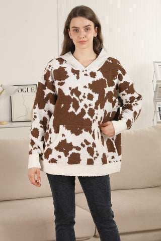 Cow Pattern Luxury Soft Hooded Sweater W/ Front Pocket