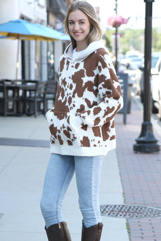 Cow Pattern Luxury Soft Hooded Sweater W/ Front Pocket