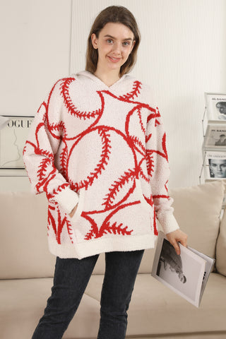 Baseball Pattern Luxury Soft Hooded Sweater W/ Front Pocket