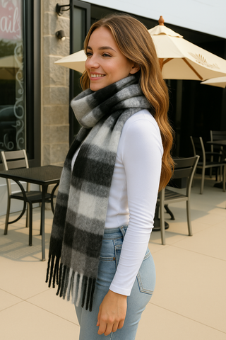 Checkered Pattern Oblong Scarf W/ Fringe