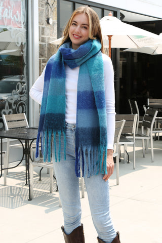 Checkered Pattern Oblong Scarf W/ Fringe