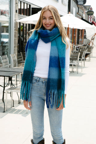 Checkered Pattern Oblong Scarf W/ Fringe