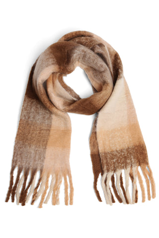Checkered Pattern Oblong Scarf W/ Fringe