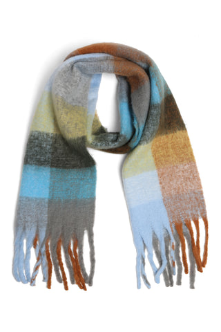 Checkered Pattern Oblong Scarf W/ Fringe