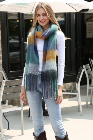 Checkered Pattern Oblong Scarf W/ Fringe