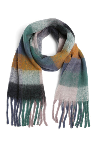 Checkered Pattern Oblong Scarf W/ Fringe