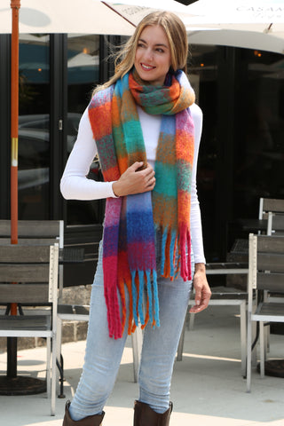 Checkered Pattern Oblong Scarf W/ Fringe