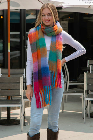 Checkered Pattern Oblong Scarf W/ Fringe