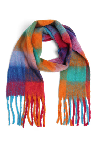 Checkered Pattern Oblong Scarf W/ Fringe