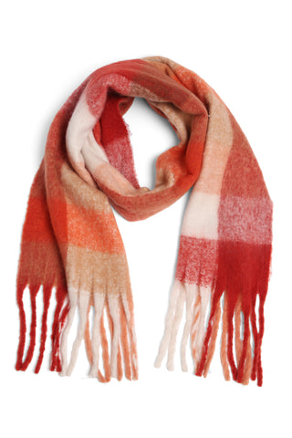 Checkered Pattern Oblong Scarf W/ Fringe