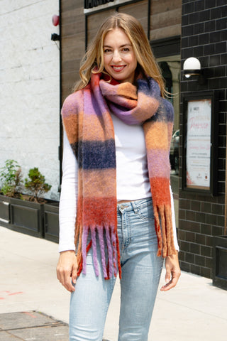Checkered Pattern Oblong Scarf W/ Fringe
