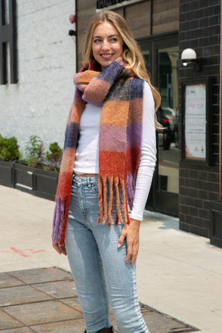 Checkered Pattern Oblong Scarf W/ Fringe