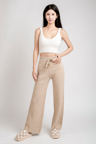Solid Color Cable Knit Wide-Leg Lounge Pants W/ Drawstring
