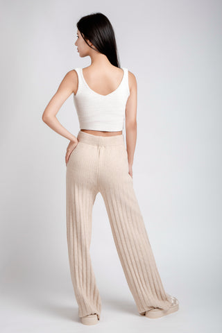 Solid Color Ribbed Wide-Leg Lounge Pants W/ Drawstring