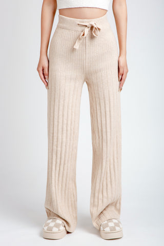 Solid Color Ribbed Wide-Leg Lounge Pants W/ Drawstring