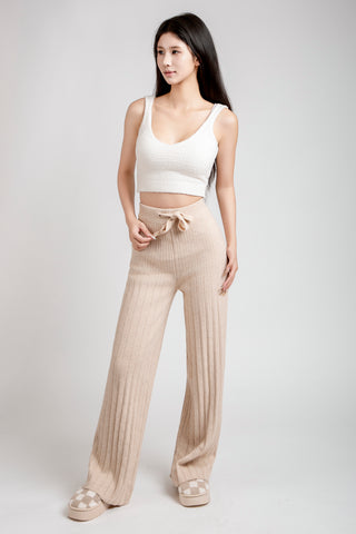 Solid Color Ribbed Wide-Leg Lounge Pants W/ Drawstring