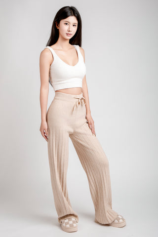 Solid Color Ribbed Wide-Leg Lounge Pants W/ Drawstring