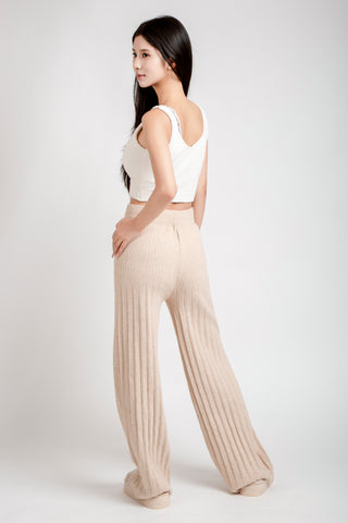 Solid Color Ribbed Wide-Leg Lounge Pants W/ Drawstring