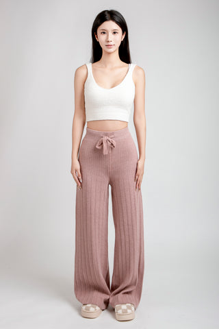 Solid Color Ribbed Wide-Leg Lounge Pants W/ Drawstring