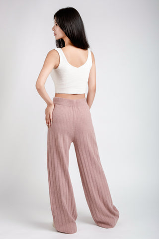 Solid Color Ribbed Wide-Leg Lounge Pants W/ Drawstring