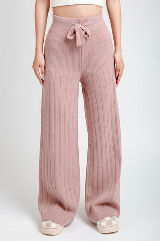 Solid Color Ribbed Wide-Leg Lounge Pants W/ Drawstring