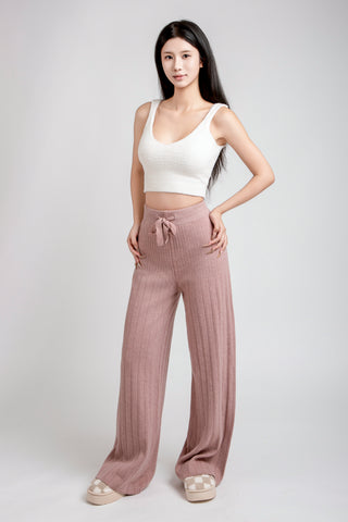 Solid Color Ribbed Wide-Leg Lounge Pants W/ Drawstring