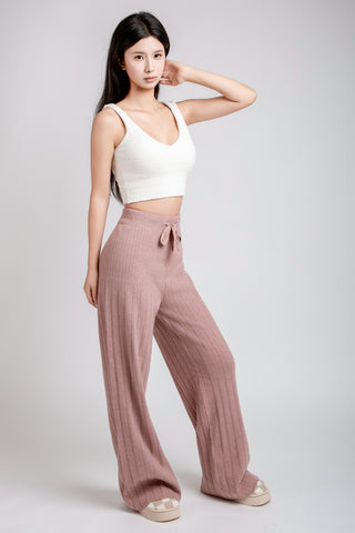 Solid Color Ribbed Wide-Leg Lounge Pants W/ Drawstring
