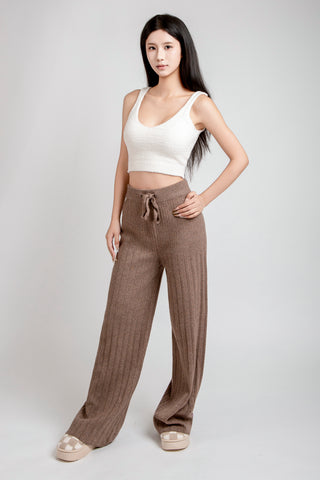 Solid Color Ribbed Wide-Leg Lounge Pants W/ Drawstring