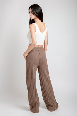 Solid Color Ribbed Wide-Leg Lounge Pants W/ Drawstring