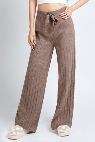 Solid Color Ribbed Wide-Leg Lounge Pants W/ Drawstring