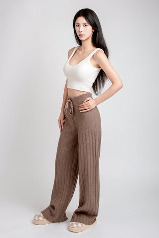 Solid Color Ribbed Wide-Leg Lounge Pants W/ Drawstring