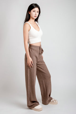 Solid Color Ribbed Wide-Leg Lounge Pants W/ Drawstring