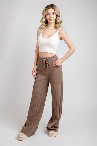 Solid Color Ribbed Wide-Leg Lounge Pants W/ Drawstring