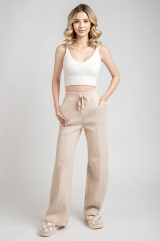 Solid Color Wide-Leg Lounge Pants W/ Drawstring & Pockets
