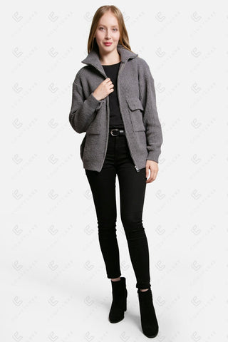 COMFYLUXE Chic Comfort Ribbed Sweater W/ Pockets Zipper Closure