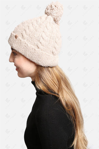 COMFYLUXE Refined Comfort Cable Knit Beanie W/ Pom-Pom Ribbed Trim